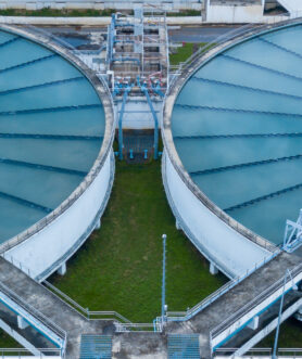 Aerial view of sewage water treatment plant, Purification process water cleaning facility wastewater treatment plant, Water treatment plant recycling plant, Recirculation solid contact clarifier.